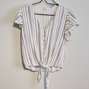 Women’s White with Vertical Blue Stripes, Button and Tie Front Blouse, Medium